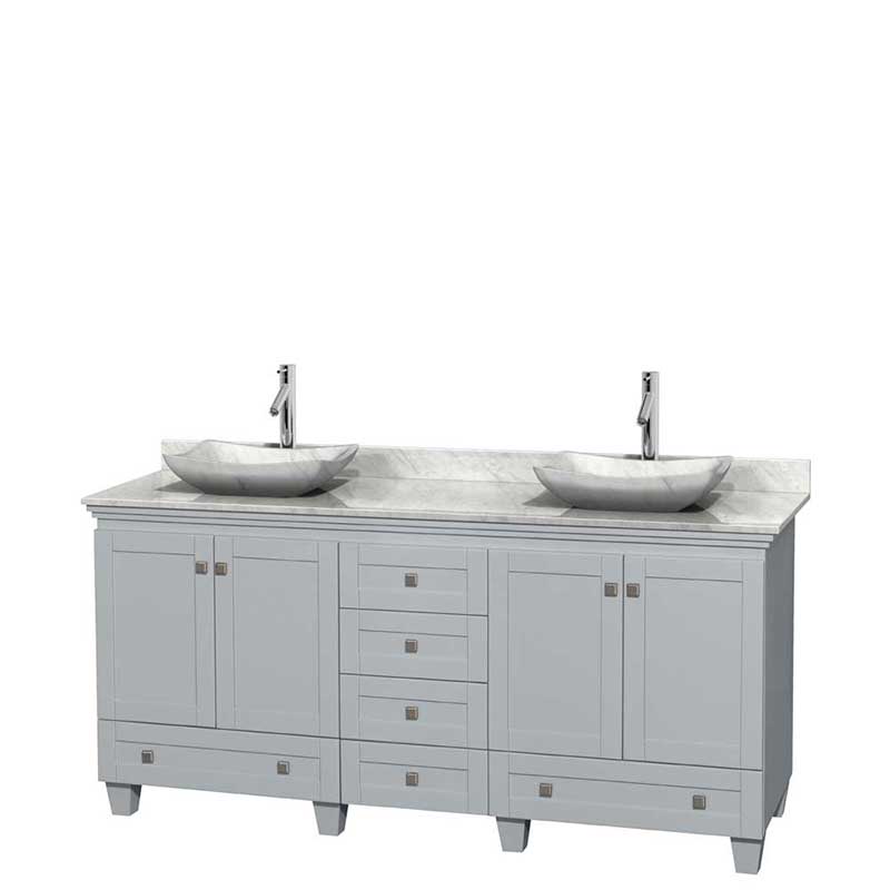 Acclaim 72" Double Bathroom Vanity in Oyster Gray, White Carrera Marble Countertop, Avalon White Carrera Marble Sinks and No Mirrors