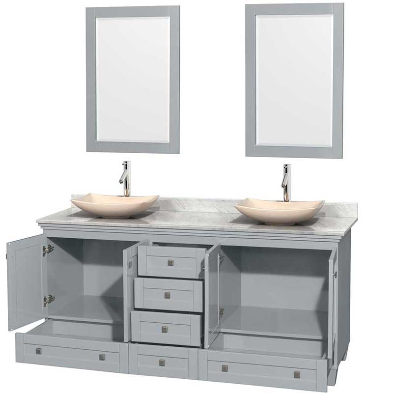 Acclaim 72" Double Bathroom Vanity in Oyster Gray, White Carrera Marble Countertop, Arista Ivory Marble Sinks and 24" Mirrors 2