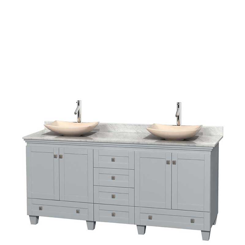 Acclaim 72" Double Bathroom Vanity in Oyster Gray, White Carrera Marble Countertop, Arista Ivory Marble Sinks and No Mirrors