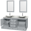 Acclaim 72" Double Bathroom Vanity in Oyster Gray, White Carrera Marble Countertop, Arista White Carrera Marble Sinks and 24" Mirrors 2