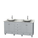 Acclaim 72" Double Bathroom Vanity in Oyster Gray, White Carrera Marble Countertop, Arista White Carrera Marble Sinks and No Mirrors