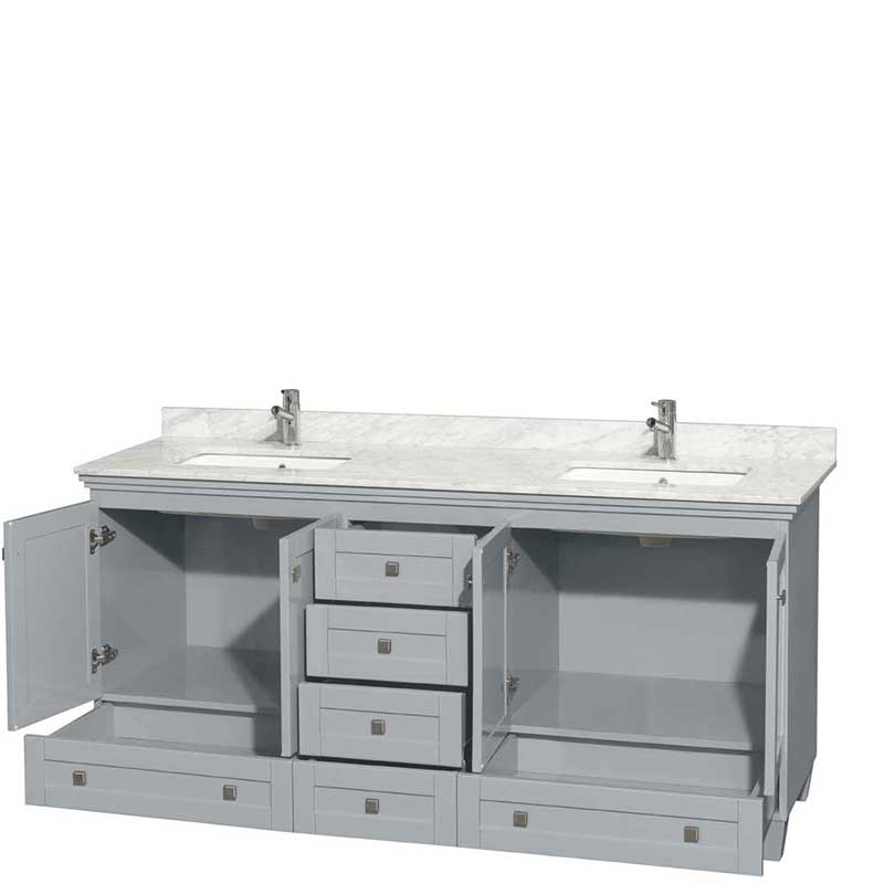 Acclaim 72" Double Bathroom Vanity in Oyster Gray, White Carrera Marble Countertop, Undermount Square Sinks and No Mirrors 2