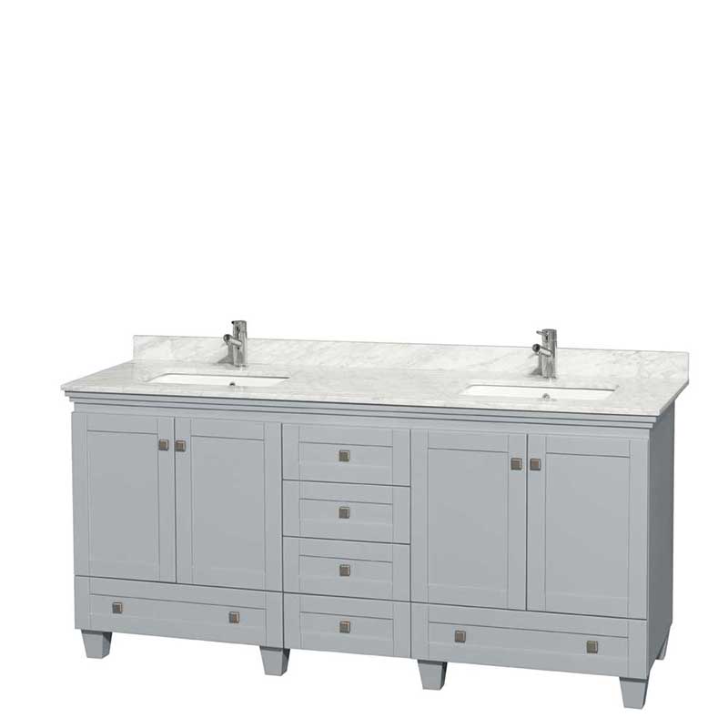 Acclaim 72" Double Bathroom Vanity in Oyster Gray, White Carrera Marble Countertop, Undermount Square Sinks and No Mirrors