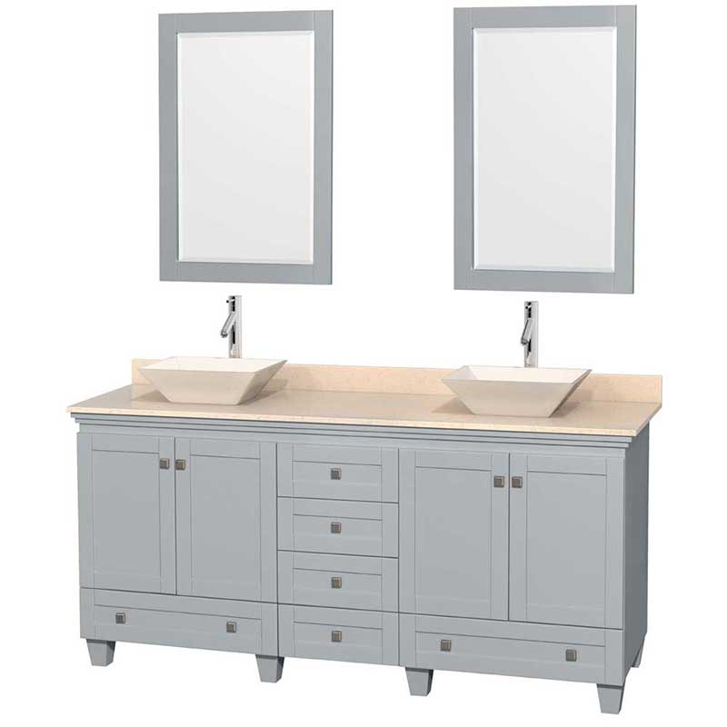 Acclaim 72" Double Bathroom Vanity in Oyster Gray, Ivory Marble Countertop, Pyra Bone Porcelain Sinks and 24" Mirrors