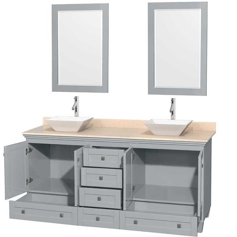 Acclaim 72" Double Bathroom Vanity in Oyster Gray, Ivory Marble Countertop, Pyra White Porcelain Sinks and 24" Mirrors 2