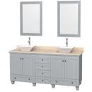 Acclaim 72" Double Bathroom Vanity in Oyster Gray, Ivory Marble Countertop, Pyra White Porcelain Sinks and 24" Mirrors