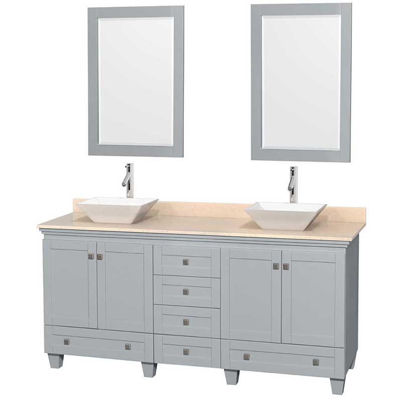 Acclaim 72" Double Bathroom Vanity in Oyster Gray, Ivory Marble Countertop, Pyra White Porcelain Sinks and 24" Mirrors
