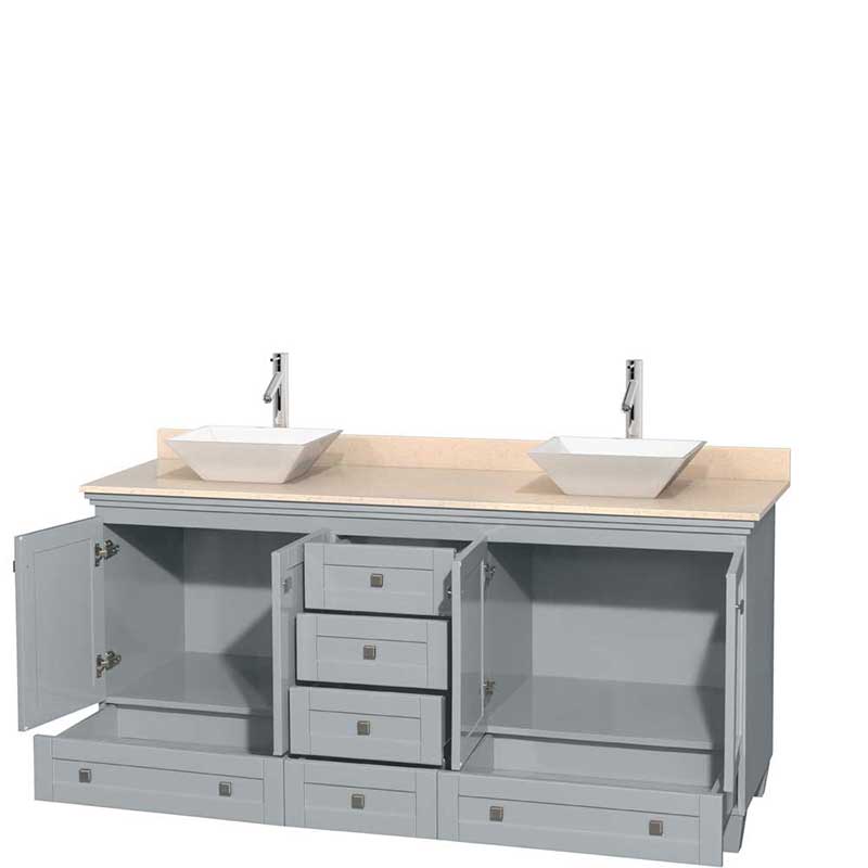 Acclaim 72" Double Bathroom Vanity in Oyster Gray, Ivory Marble Countertop, Pyra White Porcelain Sinks and No Mirrors 2
