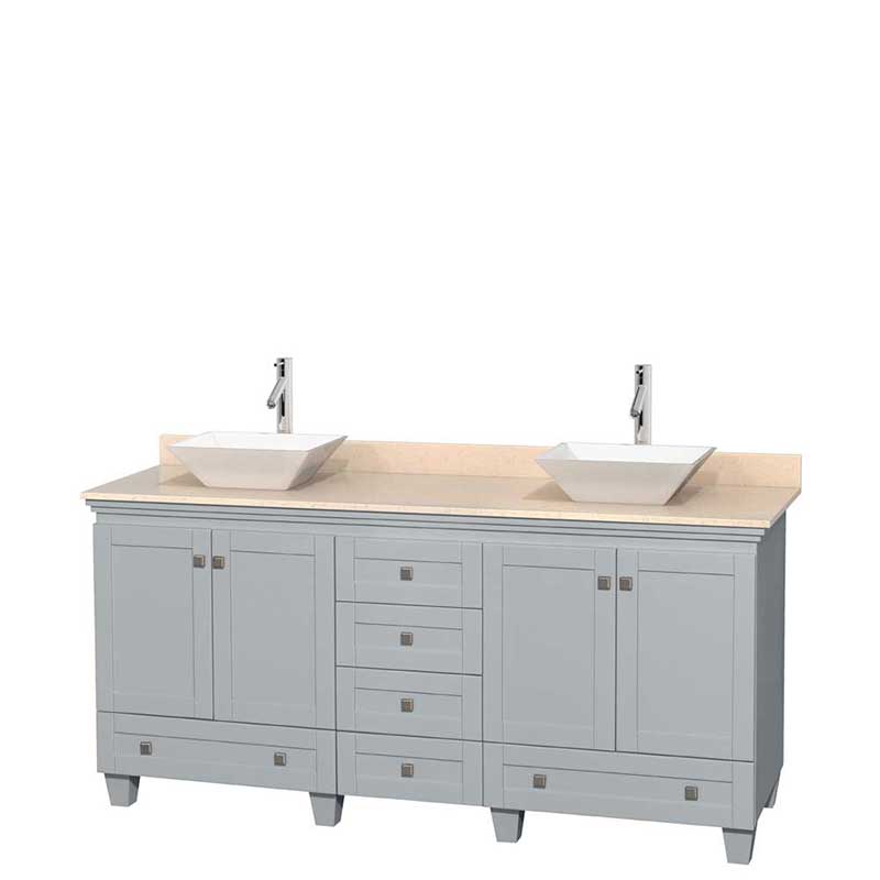 Acclaim 72" Double Bathroom Vanity in Oyster Gray, Ivory Marble Countertop, Pyra White Porcelain Sinks and No Mirrors