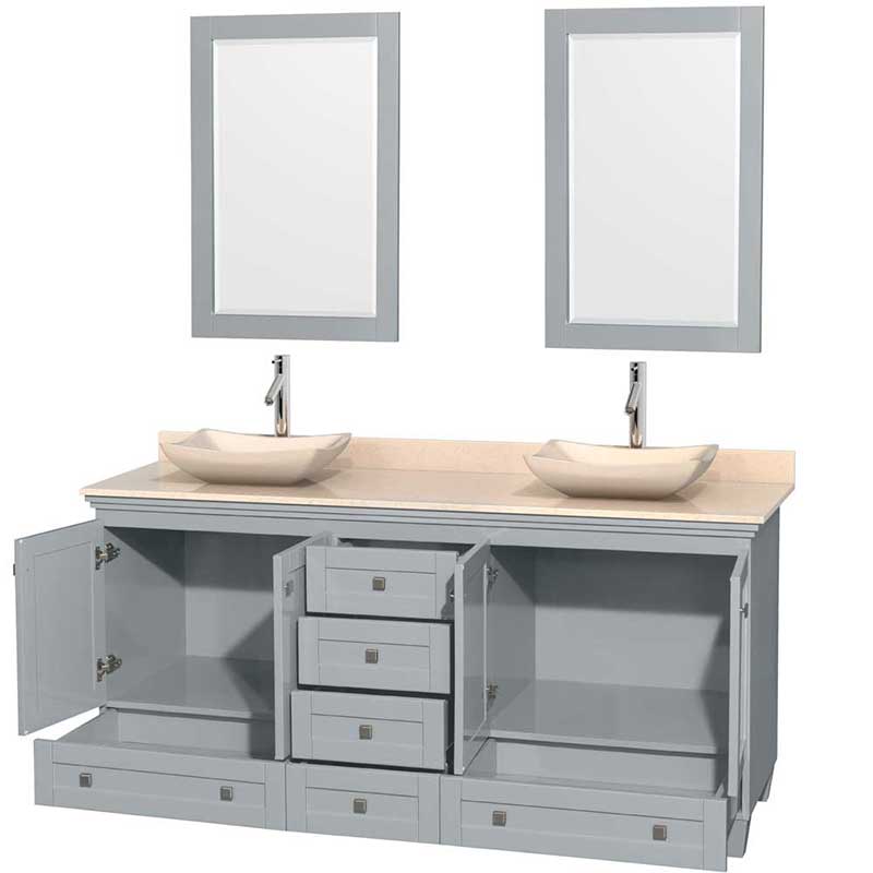 Acclaim 72" Double Bathroom Vanity in Oyster Gray, Ivory Marble Countertop, Avalon Ivory Marble Sinks and 24" Mirrors 2