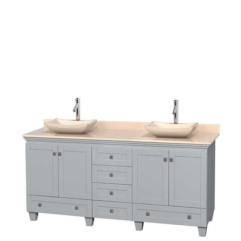 Acclaim 72" Double Bathroom Vanity in Oyster Gray, Ivory Marble Countertop, Avalon Ivory Marble Sinks and No Mirrors