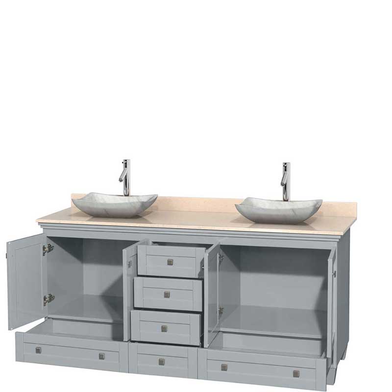 Acclaim 72" Double Bathroom Vanity in Oyster Gray, Ivory Marble Countertop, Avalon White Carrera Marble Sinks and No Mirrors 2