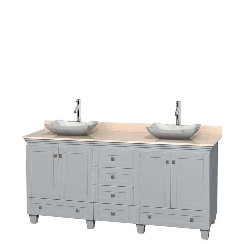 Acclaim 72" Double Bathroom Vanity in Oyster Gray, Ivory Marble Countertop, Avalon White Carrera Marble Sinks and No Mirrors