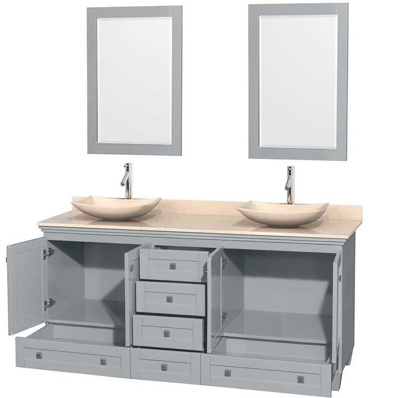 Acclaim 72" Double Bathroom Vanity in Oyster Gray, Ivory Marble Countertop, Arista Ivory Marble Sinks and 24" Mirrors 2