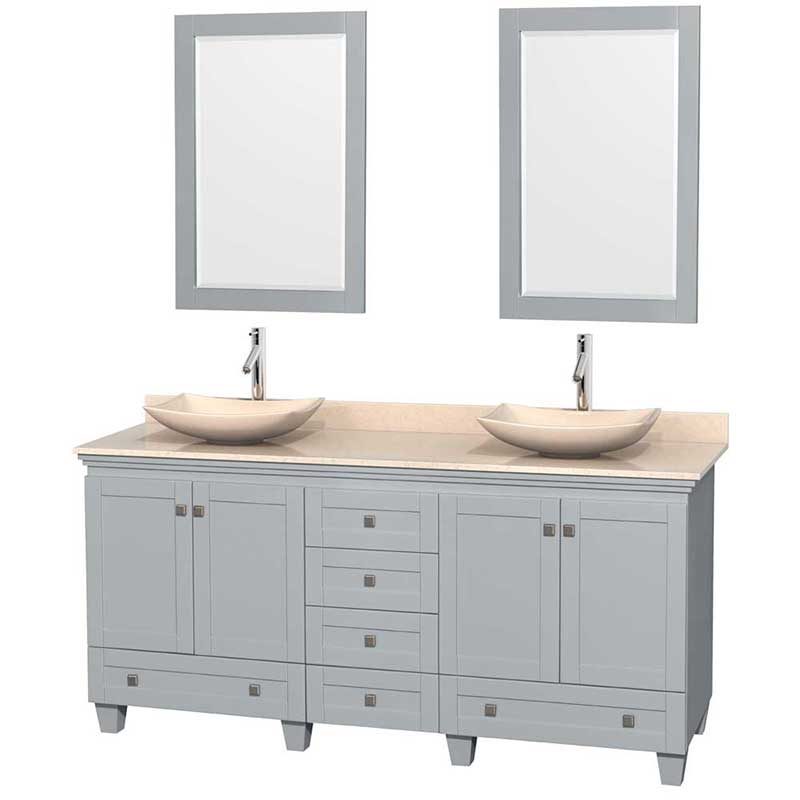 Acclaim 72" Double Bathroom Vanity in Oyster Gray, Ivory Marble Countertop, Arista Ivory Marble Sinks and 24" Mirrors