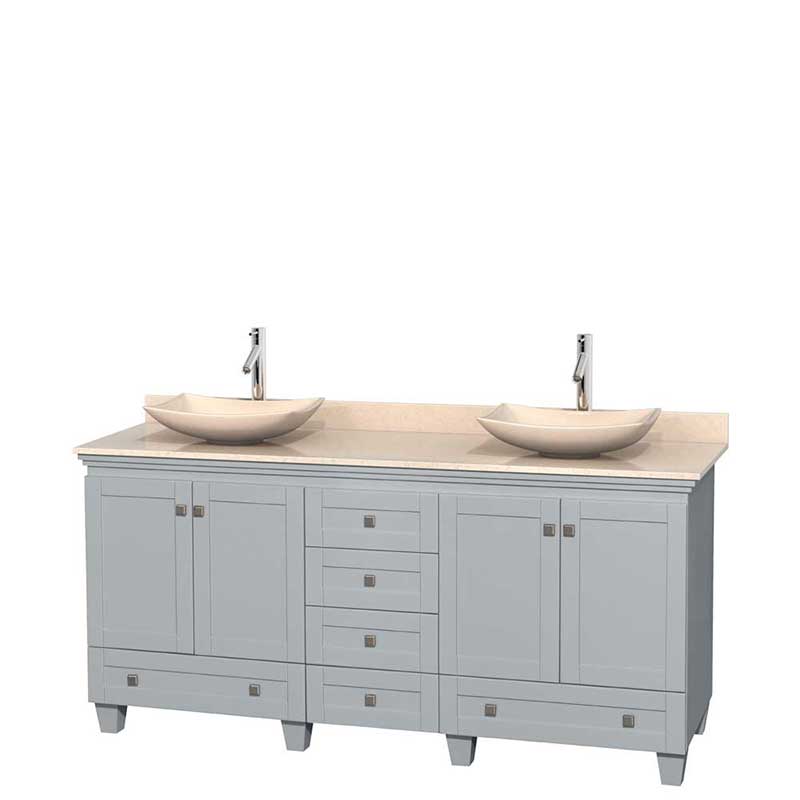 Acclaim 72" Double Bathroom Vanity in Oyster Gray, Ivory Marble Countertop, Arista Ivory Marble Sinks and No Mirrors