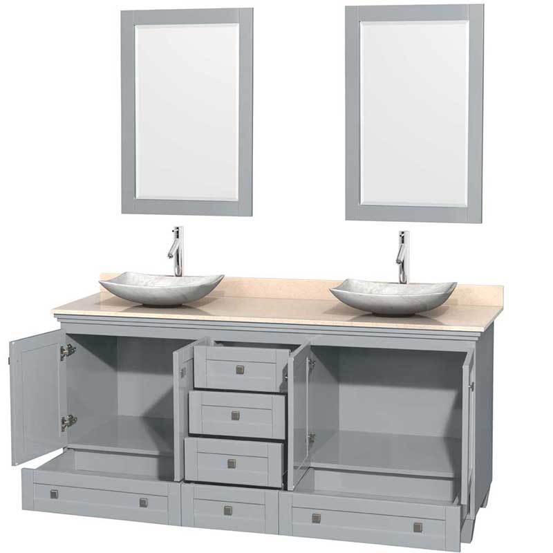 Acclaim 72" Double Bathroom Vanity in Oyster Gray, Ivory Marble Countertop, Arista White Carrera Marble Sinks and 24" Mirrors 2