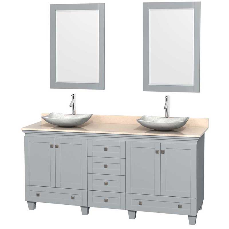 Acclaim 72" Double Bathroom Vanity in Oyster Gray, Ivory Marble Countertop, Arista White Carrera Marble Sinks and 24" Mirrors