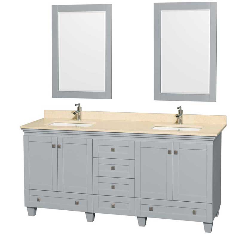 Acclaim 72" Double Bathroom Vanity in Oyster Gray, Ivory Marble Countertop, Undermount Square Sinks and 24" Mirrors