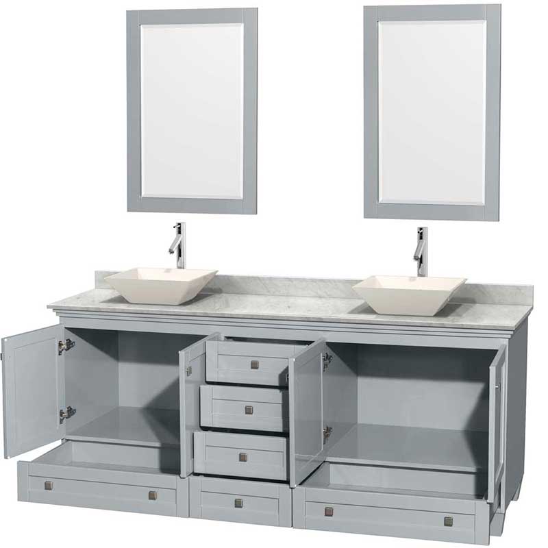 Acclaim 80" Double Bathroom Vanity in Oyster Gray, White Carrera Marble Countertop, Pyra Bone Porcelain Sinks and 24" Mirrors 2