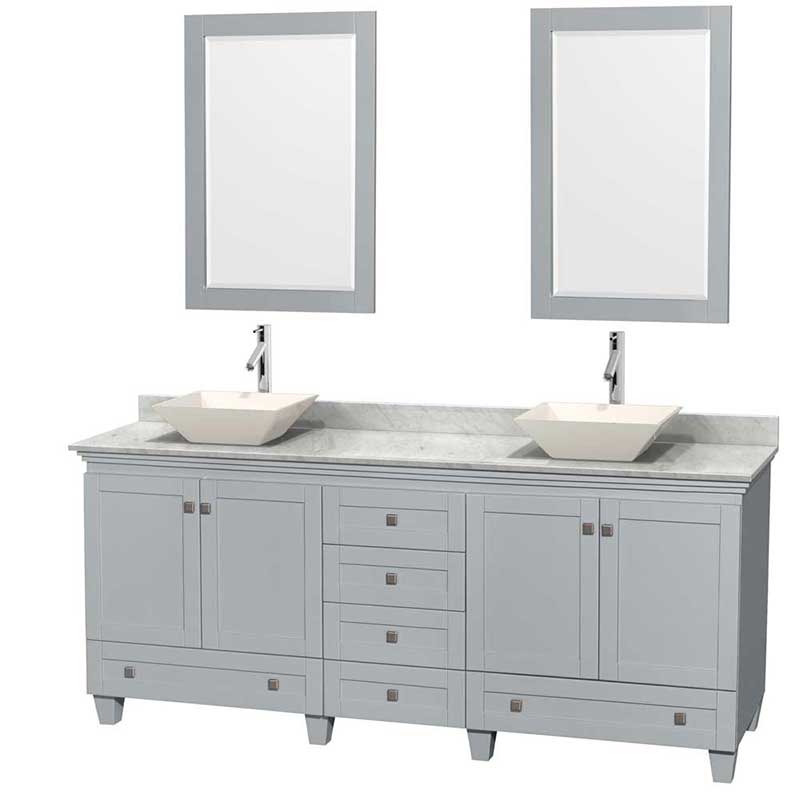 Acclaim 80" Double Bathroom Vanity in Oyster Gray, White Carrera Marble Countertop, Pyra Bone Porcelain Sinks and 24" Mirrors