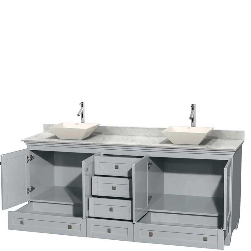 Acclaim 80" Double Bathroom Vanity in Oyster Gray, White Carrera Marble Countertop, Pyra Bone Porcelain Sinks and No Mirrors 2