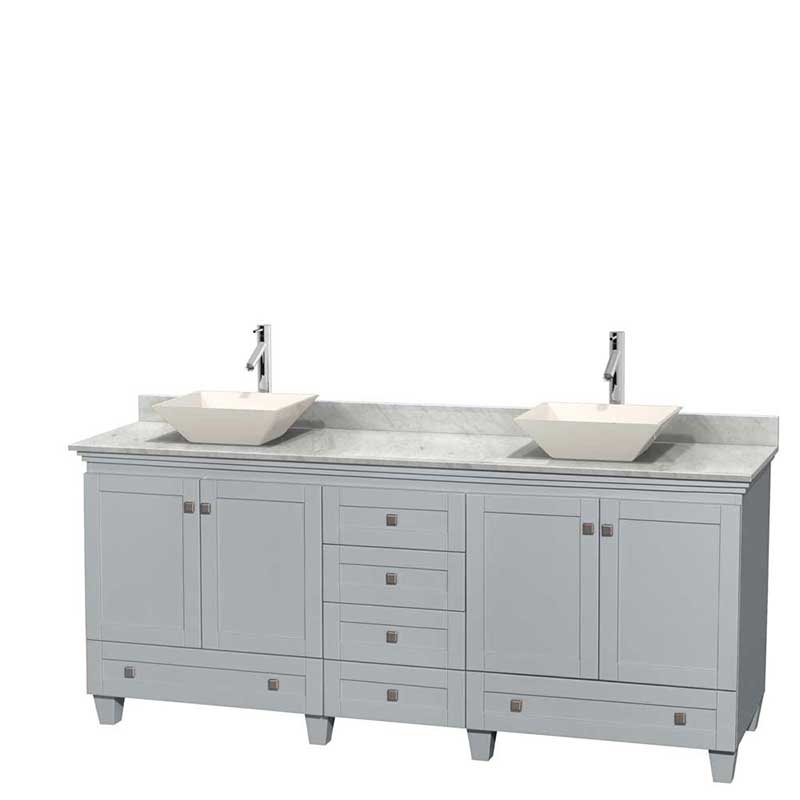 Acclaim 80" Double Bathroom Vanity in Oyster Gray, White Carrera Marble Countertop, Pyra Bone Porcelain Sinks and No Mirrors