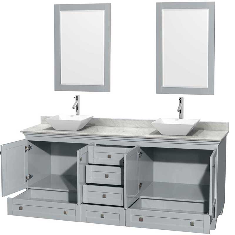 Acclaim 80" Double Bathroom Vanity in Oyster Gray, White Carrera Marble Countertop, Pyra White Porcelain Sinks and 24" Mirrors 2
