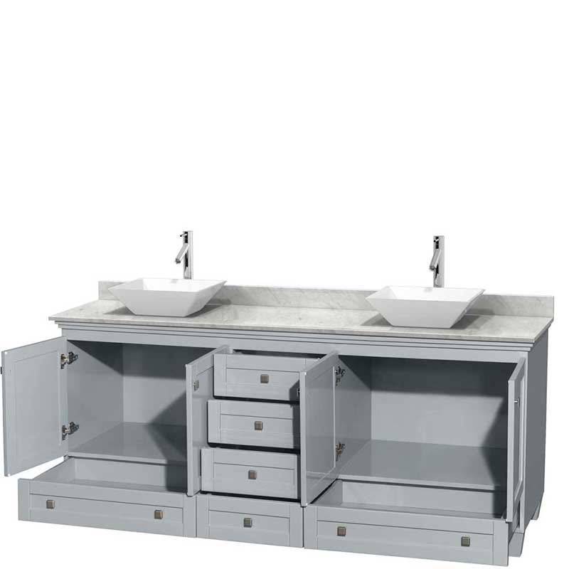 Acclaim 80" Double Bathroom Vanity in Oyster Gray, White Carrera Marble Countertop, Pyra White Porcelain Sinks and No Mirrors 2