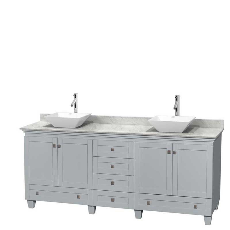 Acclaim 80" Double Bathroom Vanity in Oyster Gray, White Carrera Marble Countertop, Pyra White Porcelain Sinks and No Mirrors