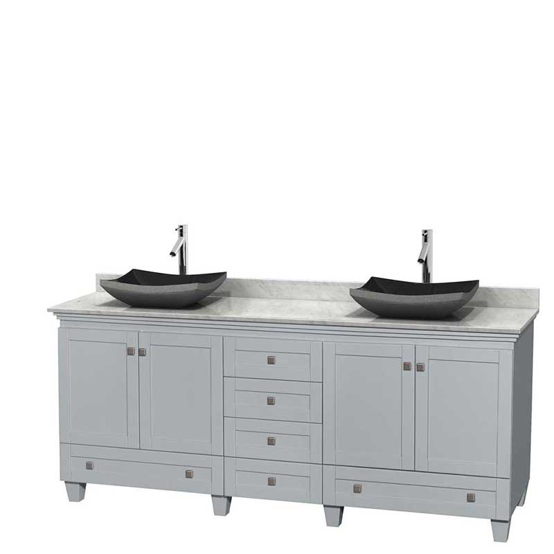 Acclaim 80" Double Bathroom Vanity in Oyster Gray, White Carrera Marble Countertop, Altair Black Granite Sinks and No Mirrors