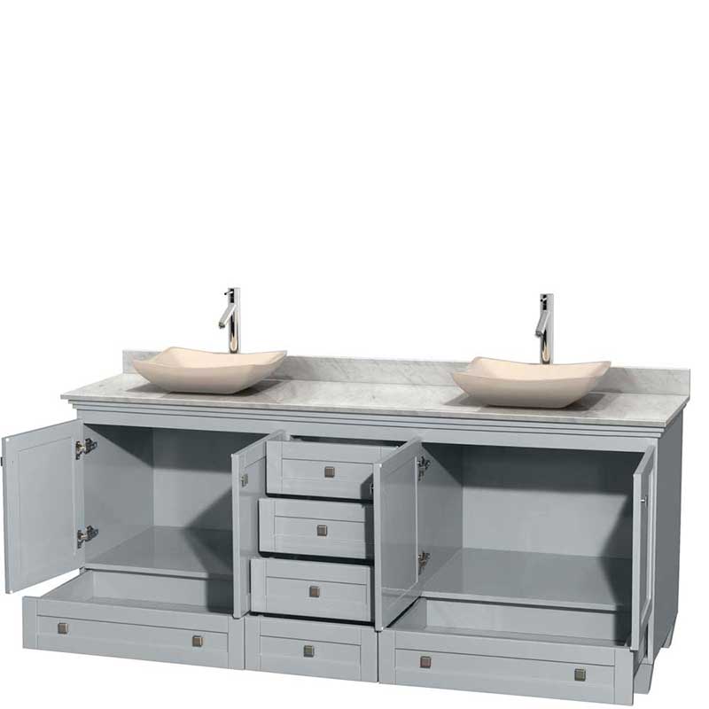 Acclaim 80" Double Bathroom Vanity in Oyster Gray, White Carrera Marble Countertop, Avalon Ivory Marble Sinks and No Mirrors 2