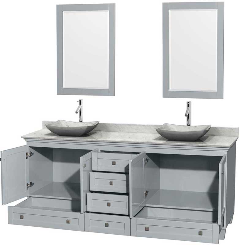 Acclaim 80" Double Bathroom Vanity in Oyster Gray, White Carrera Marble Countertop, Avalon White Carrera Marble Sinks and 24" Mirrors 2