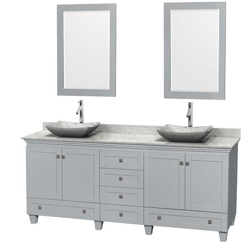 Acclaim 80" Double Bathroom Vanity in Oyster Gray, White Carrera Marble Countertop, Avalon White Carrera Marble Sinks and 24" Mirrors