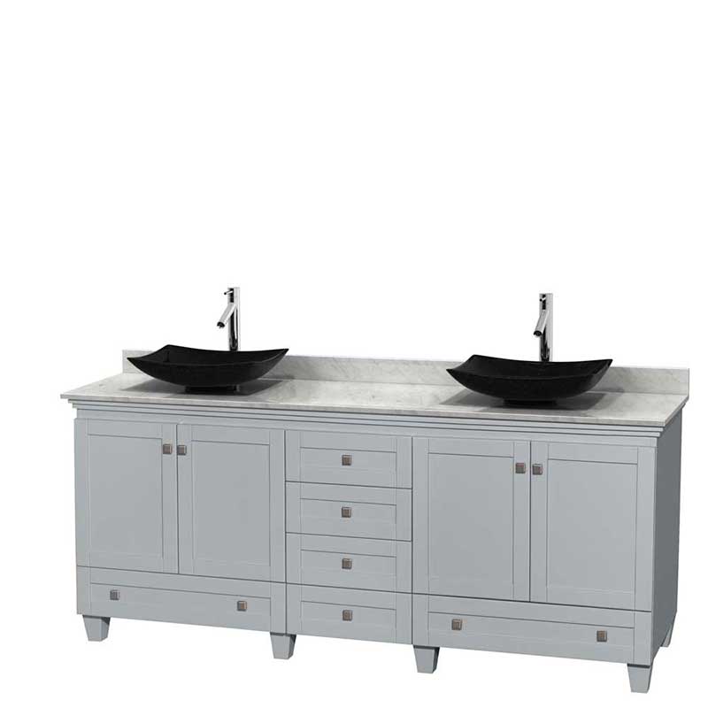 Acclaim 80" Double Bathroom Vanity in Oyster Gray, White Carrera Marble Countertop, Arista Black Granite Sinks and No Mirrors