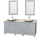 Acclaim 80" Double Bathroom Vanity in Oyster Gray, White Carrera Marble Countertop, Arista Ivory Marble Sinks and 24" Mirrors