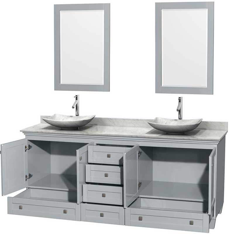 Acclaim 80" Double Bathroom Vanity in Oyster Gray, White Carrera Marble Countertop, Arista White Carrera Marble Sinks and 24" Mirrors 2