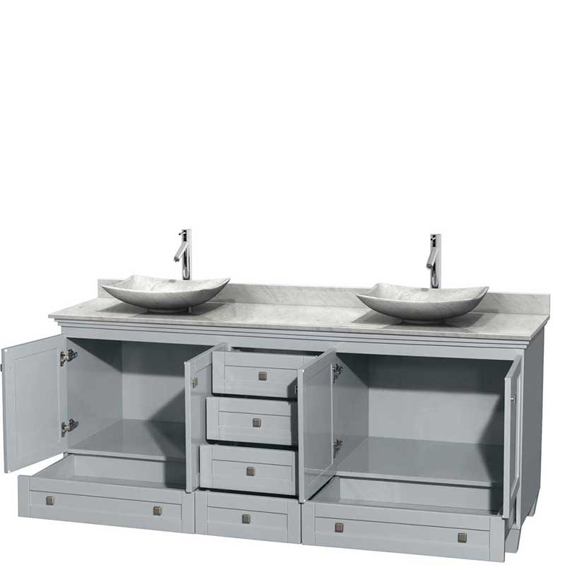 Acclaim 80" Double Bathroom Vanity in Oyster Gray, White Carrera Marble Countertop, Arista White Carrera Marble Sinks and No Mirrors 2