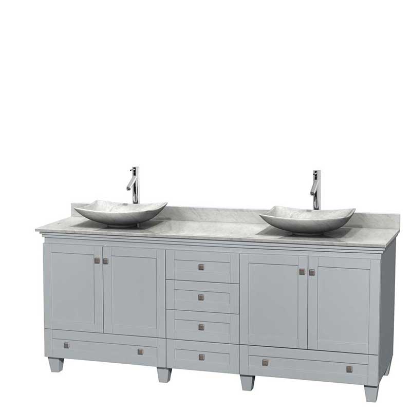 Acclaim 80" Double Bathroom Vanity in Oyster Gray, White Carrera Marble Countertop, Arista White Carrera Marble Sinks and No Mirrors