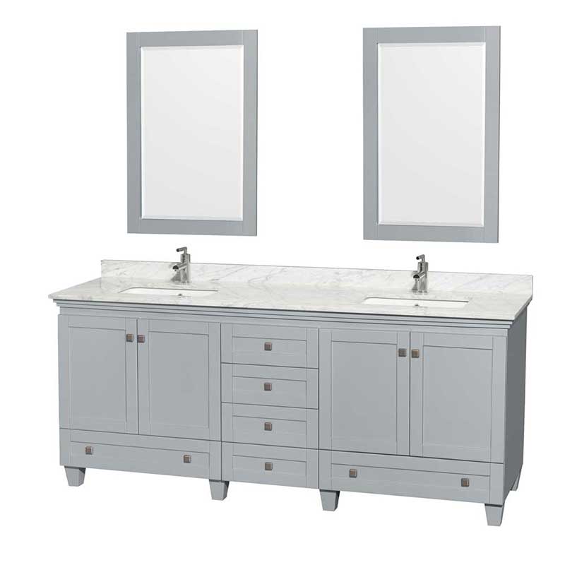Acclaim 80" Double Bathroom Vanity in Oyster Gray, White Carrera Marble Countertop, Undermount Square Sinks and 24" Mirrors