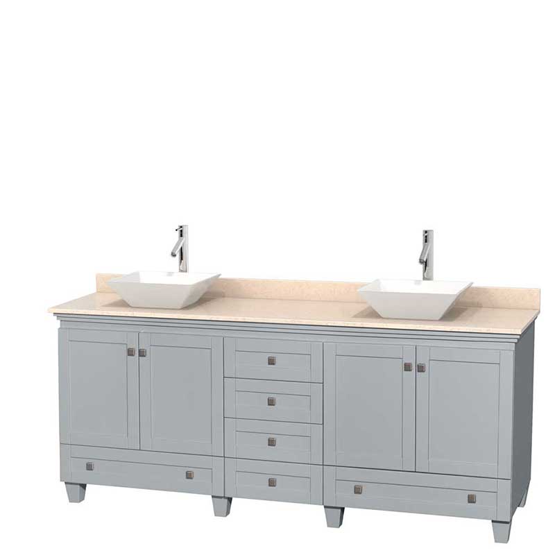 Acclaim 80" Double Bathroom Vanity in Oyster Gray, Ivory Marble Countertop, Pyra White Porcelain Sinks and No Mirrors