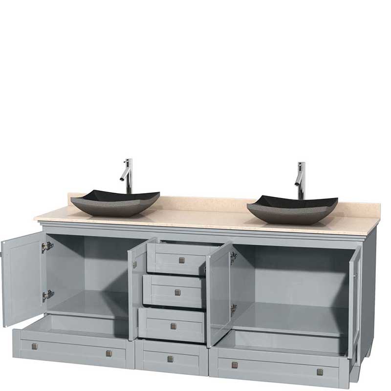 Acclaim 80" Double Bathroom Vanity in Oyster Gray, Ivory Marble Countertop, Altair Black Granite Sinks and No Mirrors 2