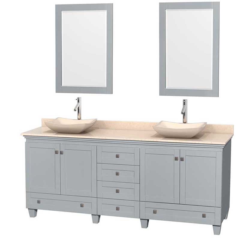 Acclaim 80" Double Bathroom Vanity in Oyster Gray, Ivory Marble Countertop, Avalon Ivory Marble Sinks and 24" Mirrors