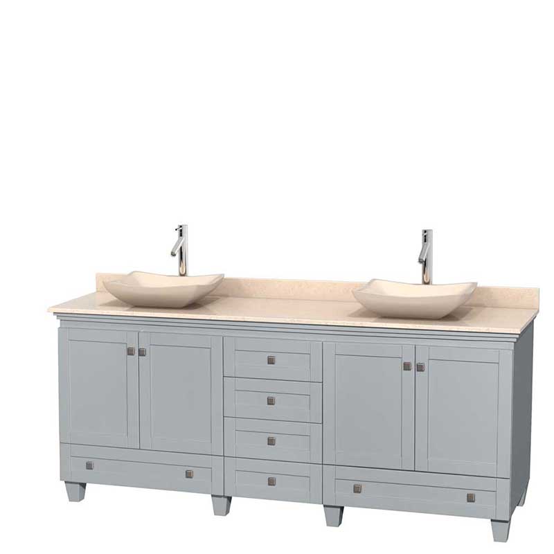 Acclaim 80" Double Bathroom Vanity in Oyster Gray, Ivory Marble Countertop, Avalon Ivory Marble Sinks and No Mirrors