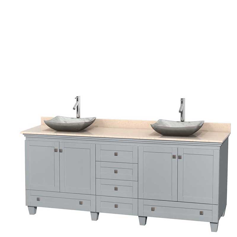 Acclaim 80" Double Bathroom Vanity in Oyster Gray, Ivory Marble Countertop, Avalon White Carrera Marble Sinks and No Mirrors