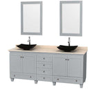 Acclaim 80" Double Bathroom Vanity in Oyster Gray, Ivory Marble Countertop, Arista Black Granite Sinks and 24" Mirrors