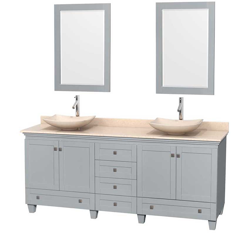 Acclaim 80" Double Bathroom Vanity in Oyster Gray, Ivory Marble Countertop, Arista Ivory Marble Sinks and 24" Mirrors