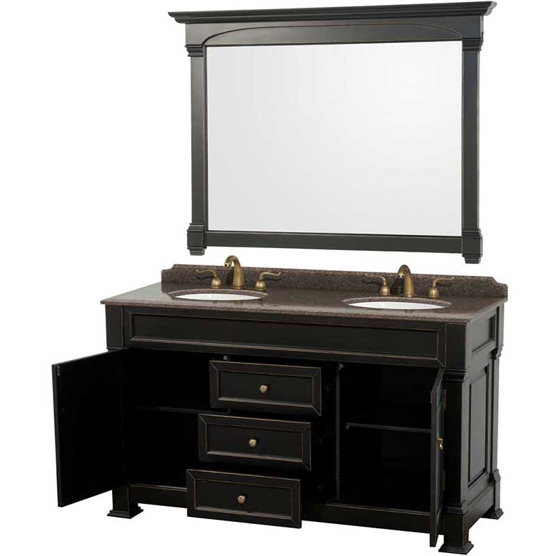 Andover 60" Double Bathroom Vanity in Black, Imperial Brown Granite Countertop, Undermount Oval Sinks and 56" Mirror 2
