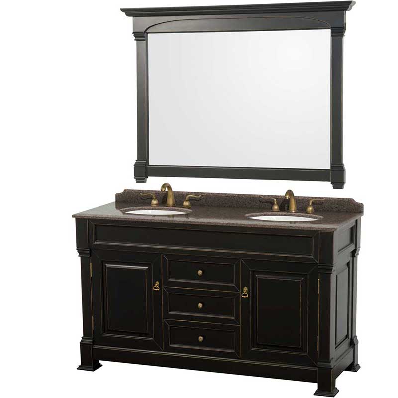 Andover 60" Double Bathroom Vanity in Black, Imperial Brown Granite Countertop, Undermount Oval Sinks and 56" Mirror