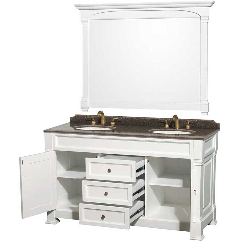 Andover 60" Double Bathroom Vanity in White, Imperial Brown Granite Countertop, Undermount Oval Sinks and 56" Mirror 2